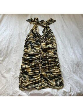 Y2K printed & ruched halter neck bodycon mini dress